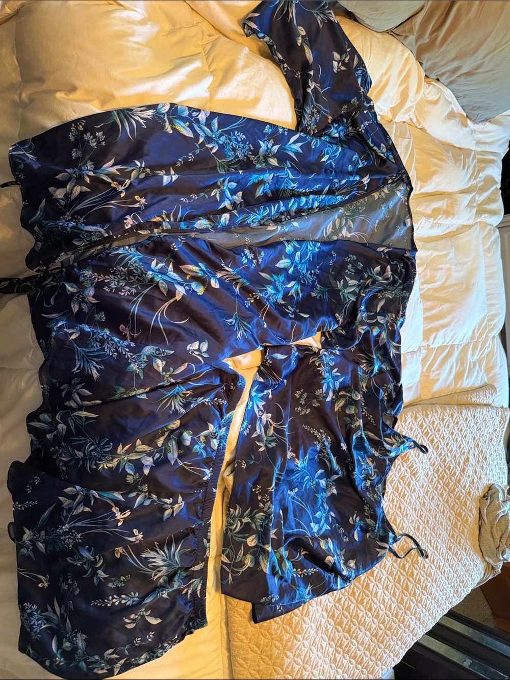 Navy Floral Satin Kimono Robe –  Pajama Cover-Up and short set